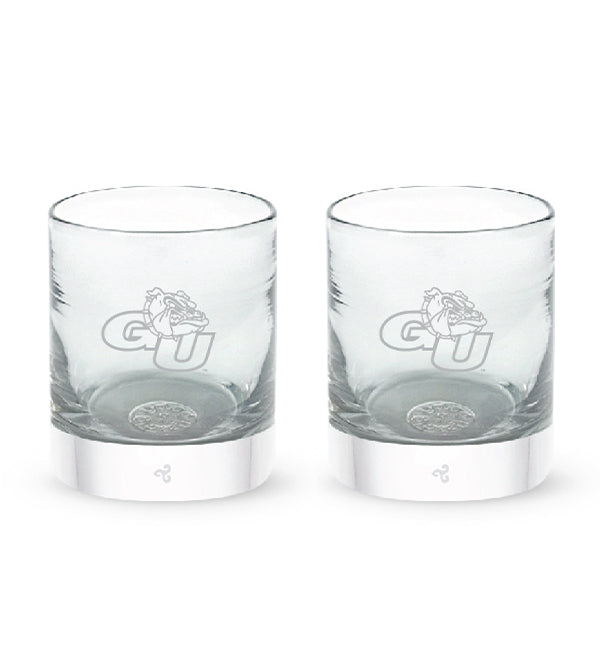 Gonzaga rocker set, clear hand-blown lowball drinking glasses with Gonzaga University logo hand-etched in silver.