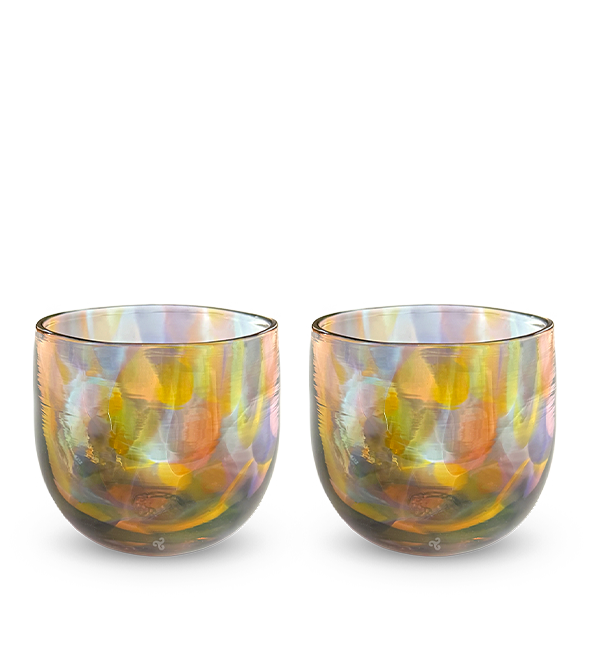 iced tea set , two multi-colored hand-blown drinking glasses.