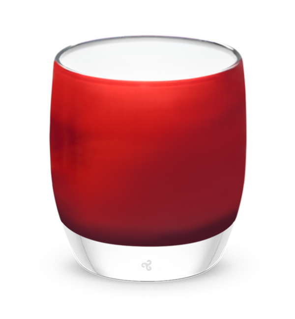 red delicious, bright red hand-blown glass candle holder with a stark white interior. 