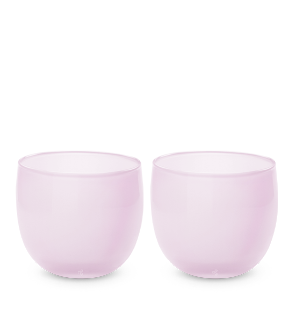 rosé drinker set, two soft pink hand-blown drinking glasses.