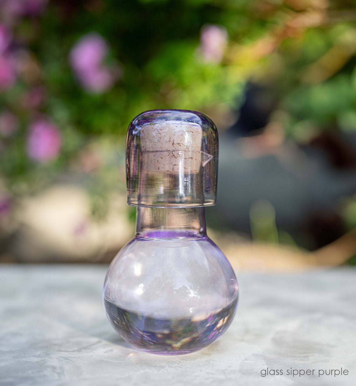 glass sipper purple, hand-blown carafe with cork lid and drinking cup