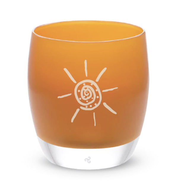 golden light | B+ Heroes etched design on orange hand-blown glass votive candle holder