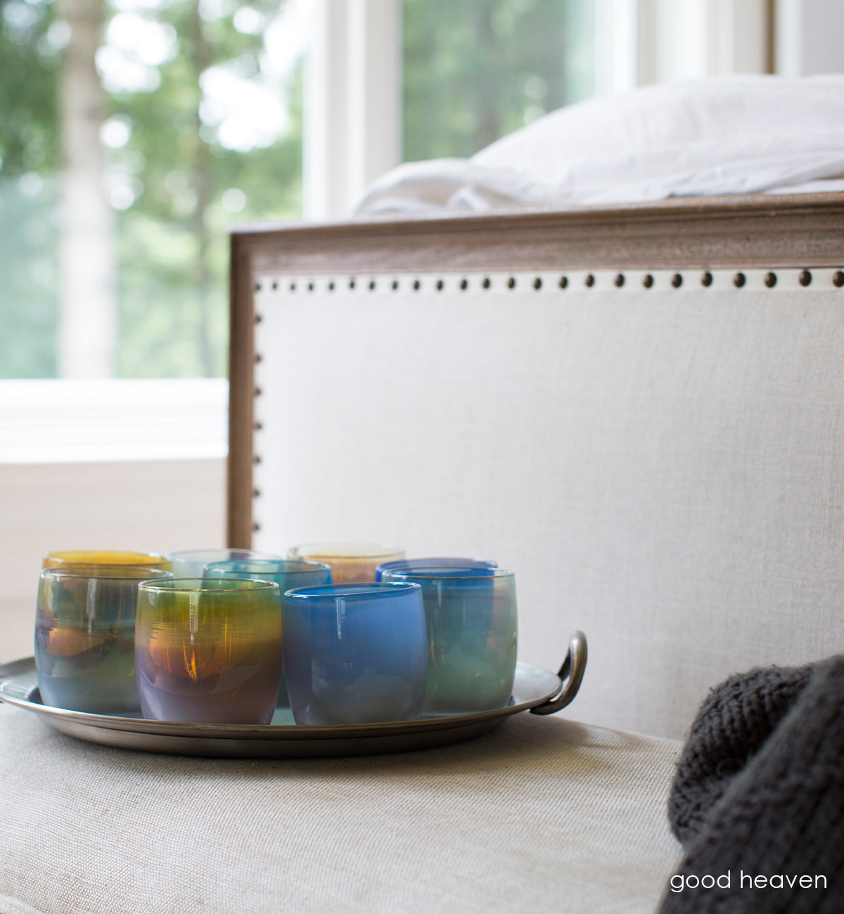 good heaven, festival of lights blue white, miracle golden pink, enchanted green, holiday hand-blown glass votive candle holder set