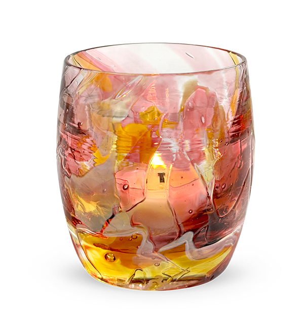goodies glassybaby, pink and yellow shards melted into clear hand-blown glass candle holder