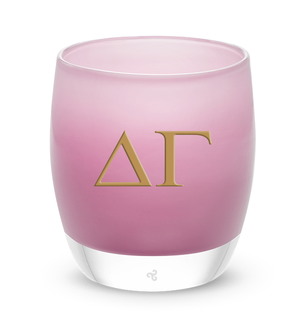 Delta Gamma Letters pink glassybaby hand-blown glass candle holder with gold letters