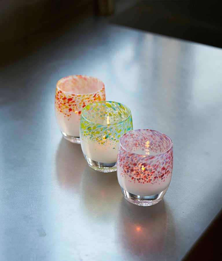 great weekend set on the kitchen counter, hand-blown glass votive candle holders.