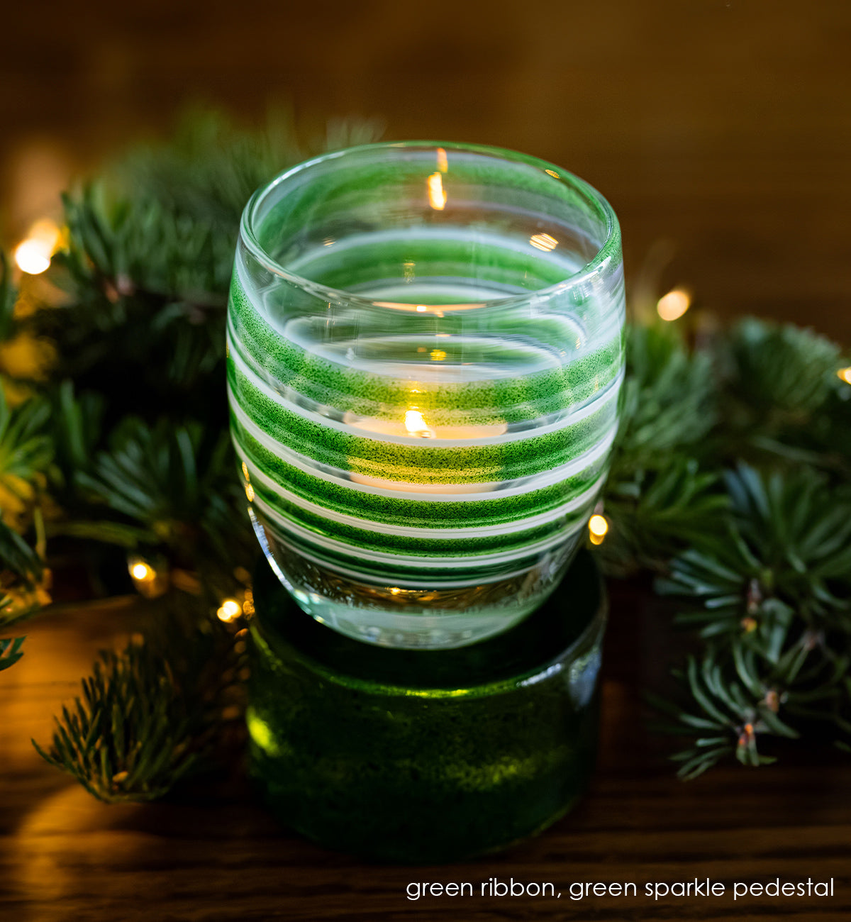 'green ribbon' glassybaby: green, white, clear swirl handblown glass candle holder with garland with lights