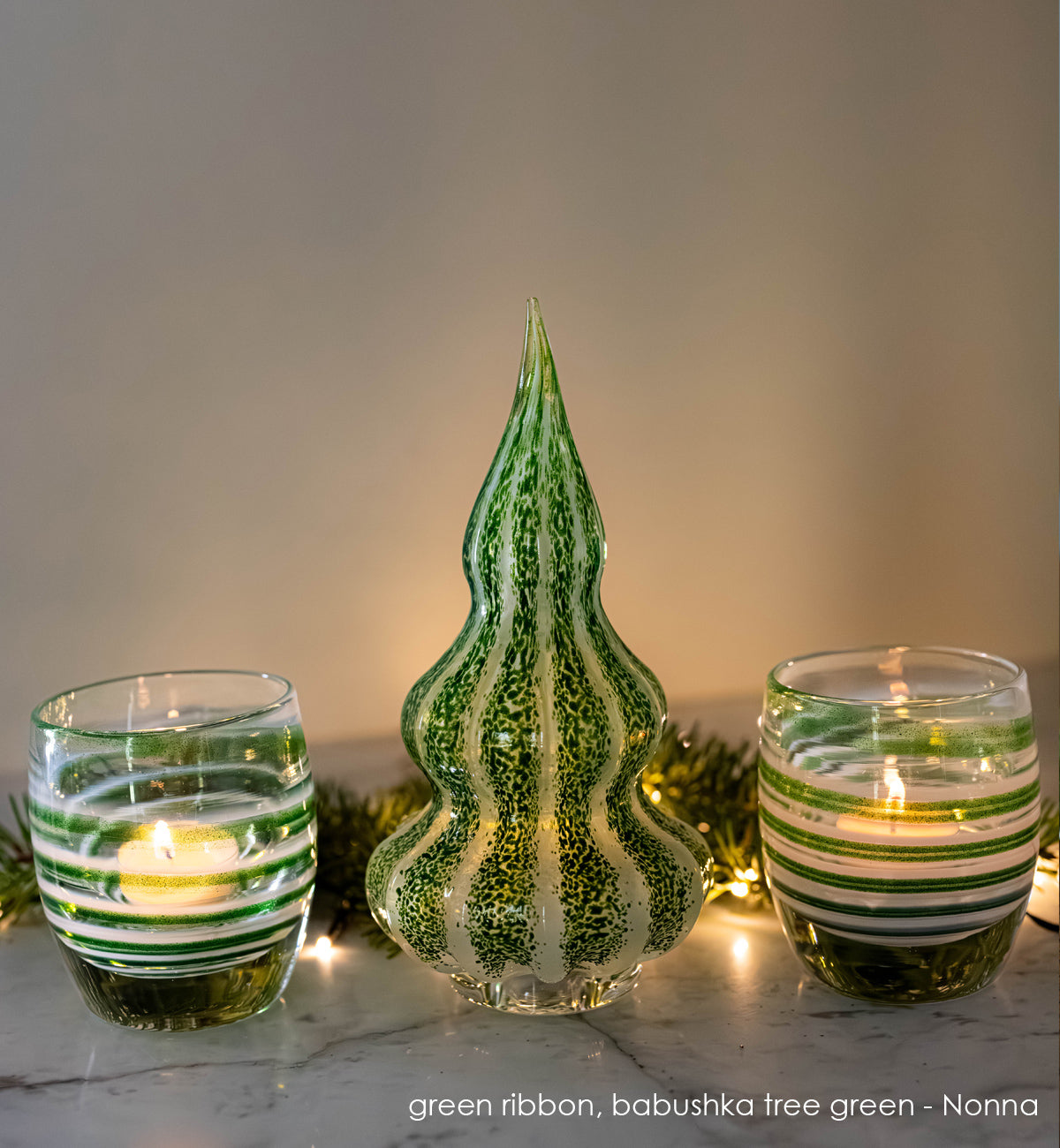 green hand-blown glass holiday tree and green ribbon glassybaby
