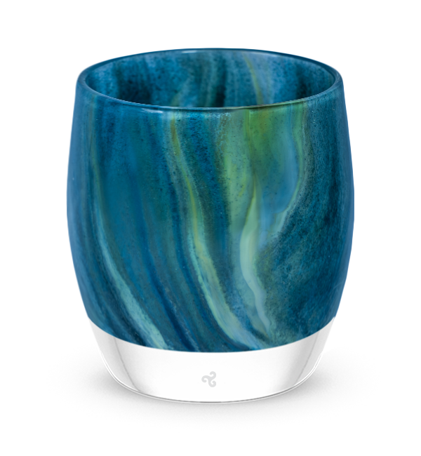 heavenly, blue green swirl, hand-blown glass votive candle holder