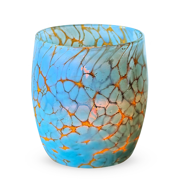 inner fire - turquoise hand-blown glass candle holder lit