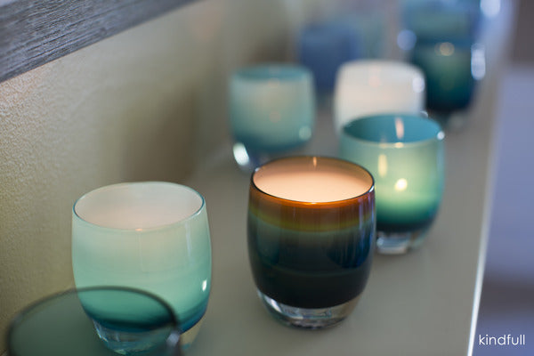 kindfull green blue gradient, white inside, hand-blown glass votive candle holder