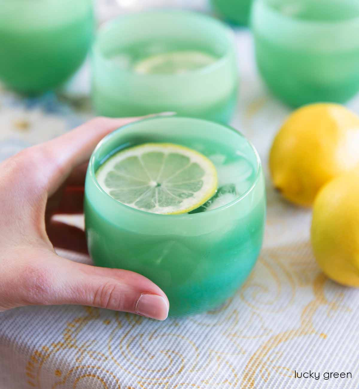 lucky green, spring green colored hand-blown glass drinkware