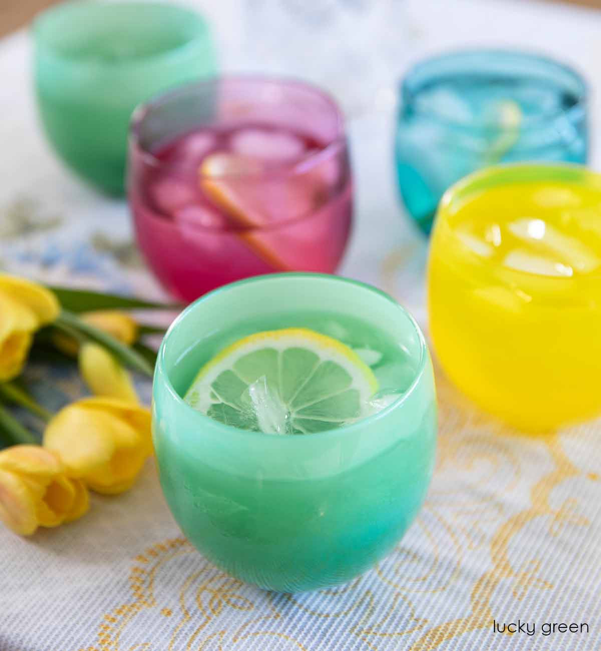 lucky green, spring green colored hand-blown glass drinkware