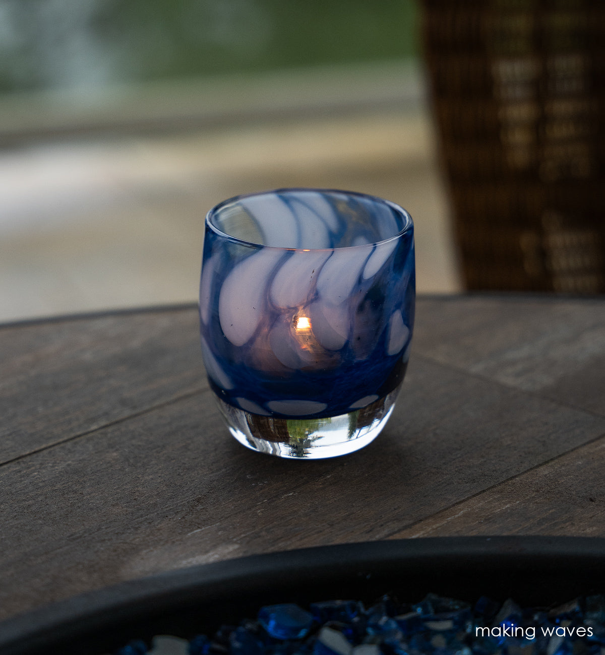 making waves blue white hand-blown glass votive candle holder