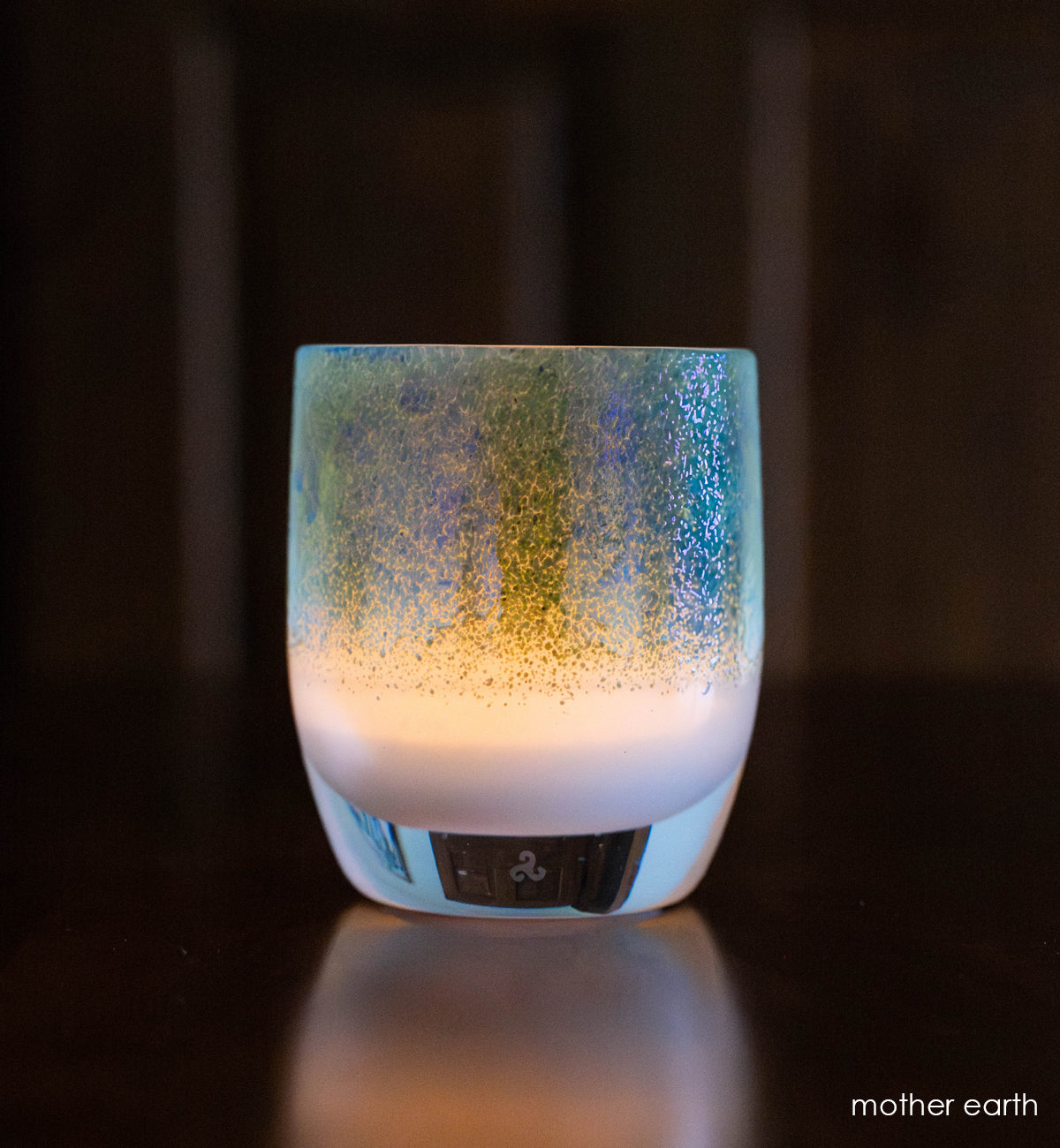 mother earth white with metallic green blue top, hand-blown glass votive candle holder.