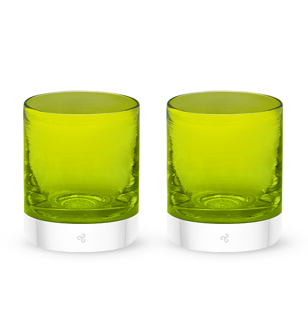 two New Leaf rockers, light green transparent hand-blown glass lowball drinking glasses. #option_pair