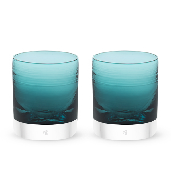 two Ocean Wave rockers, teal blue transparent hand-blown lowball drinking glasses. #option_pair