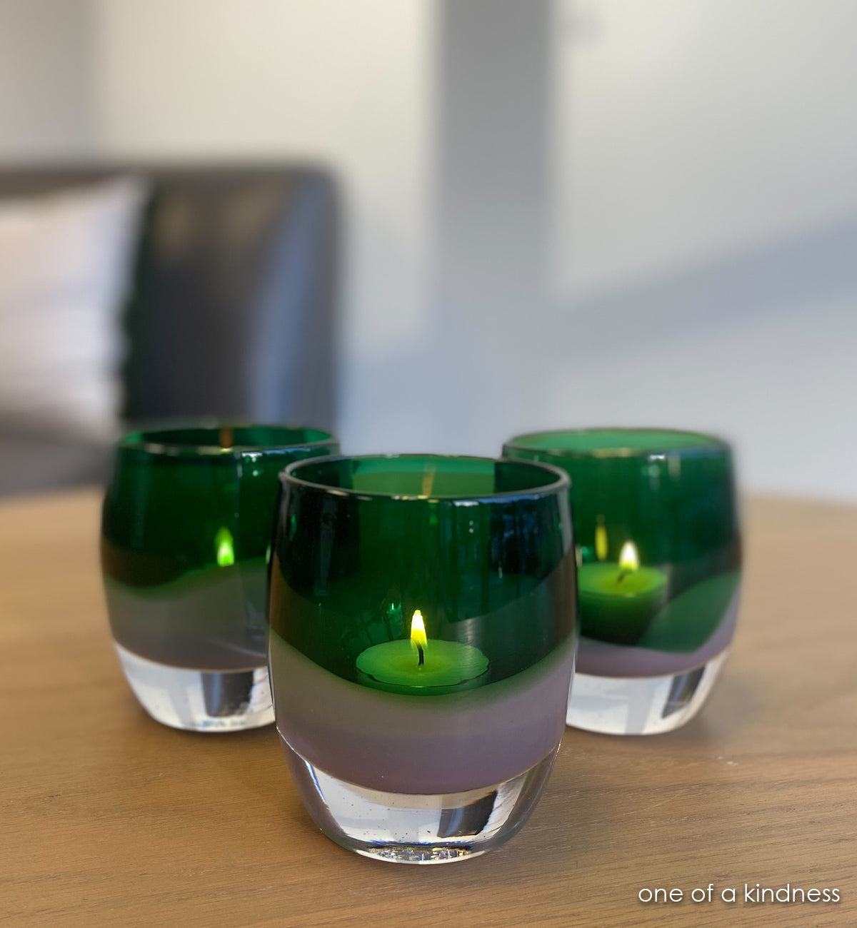 three one of a kindness green and purple glassybaby
