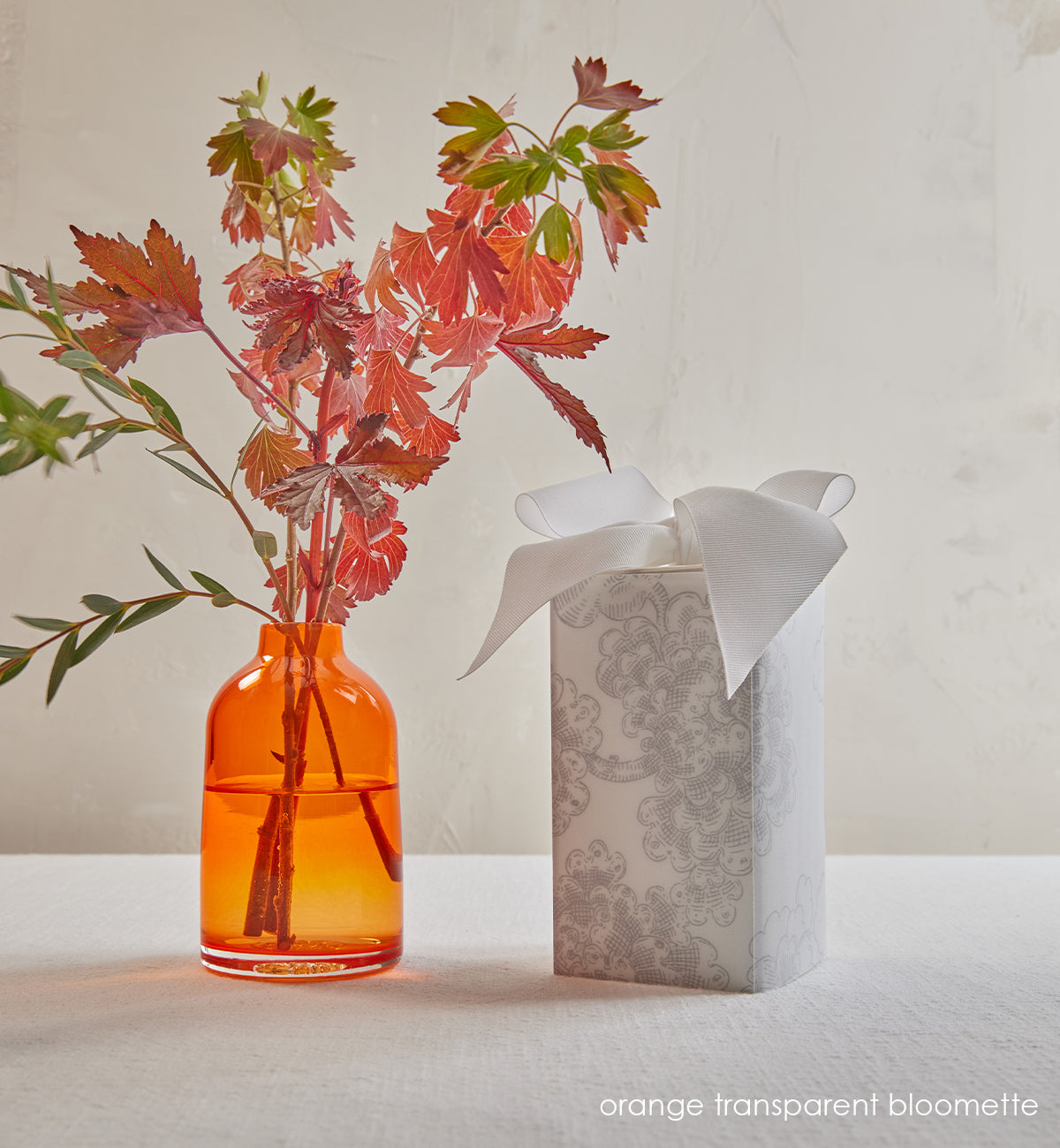 orange transparent bloomette, transparent orange hand-blown glass flower bud vase with leaf stems inside and glassybaby bloomette packaging sitting next to it, with a velum sleeve and white decorative bow.