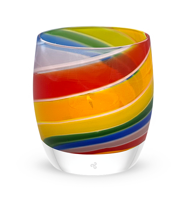 'pride 2025' lit glassybaby with rainbow swirls, hand-blown glass candle holder.