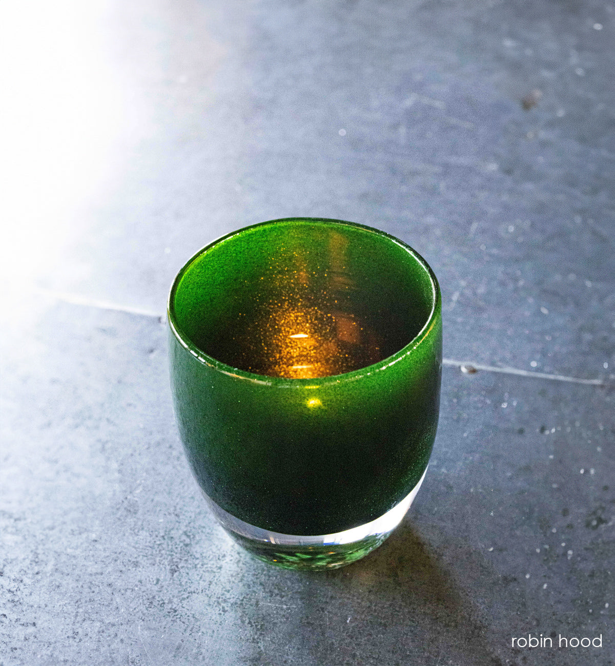 robin hood | green with sparkles hand-blown glass candle holder