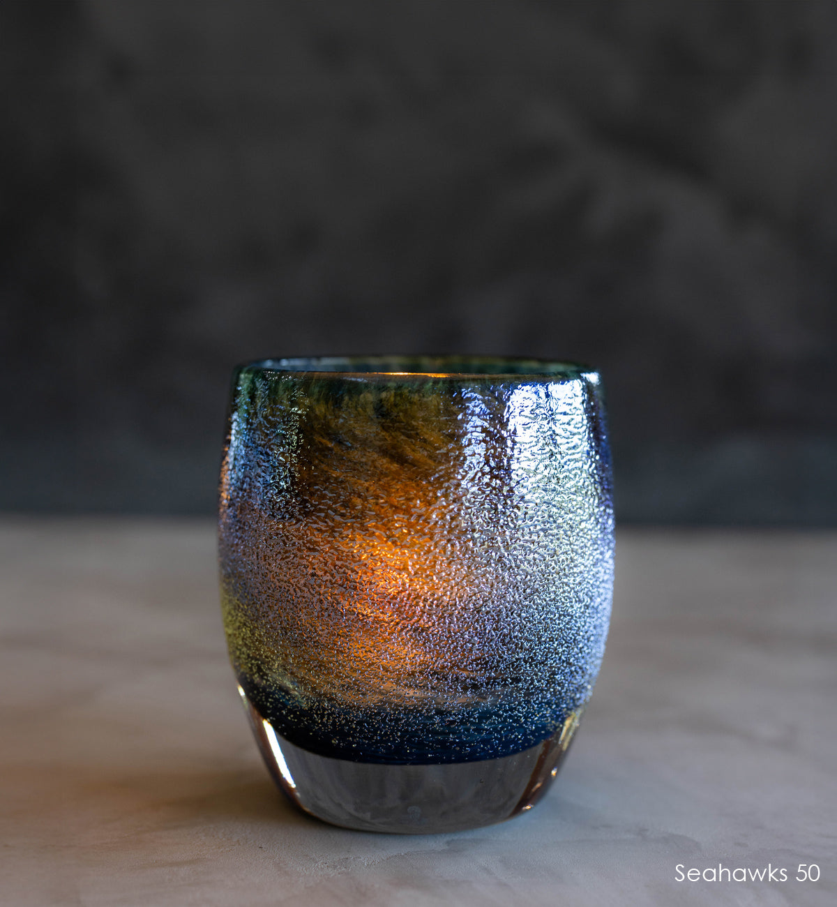 Seahawks '50', navy and metallic, hand-blown glass votive candle holder