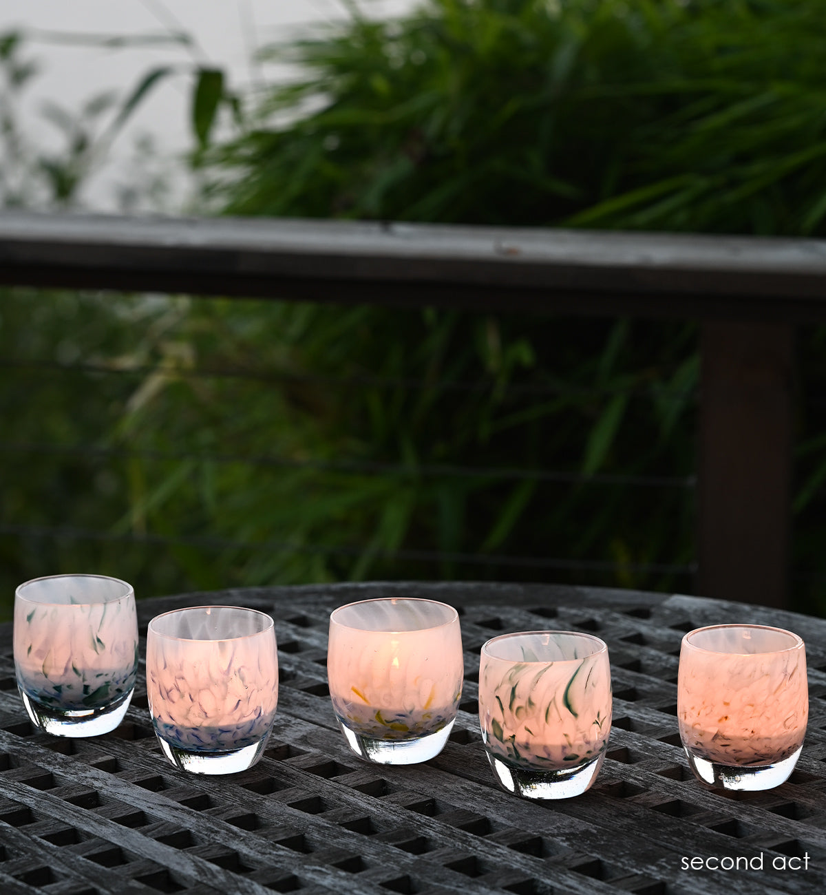  second act hand-blown glass votive candle holder made from recycled glass from 43 colors.