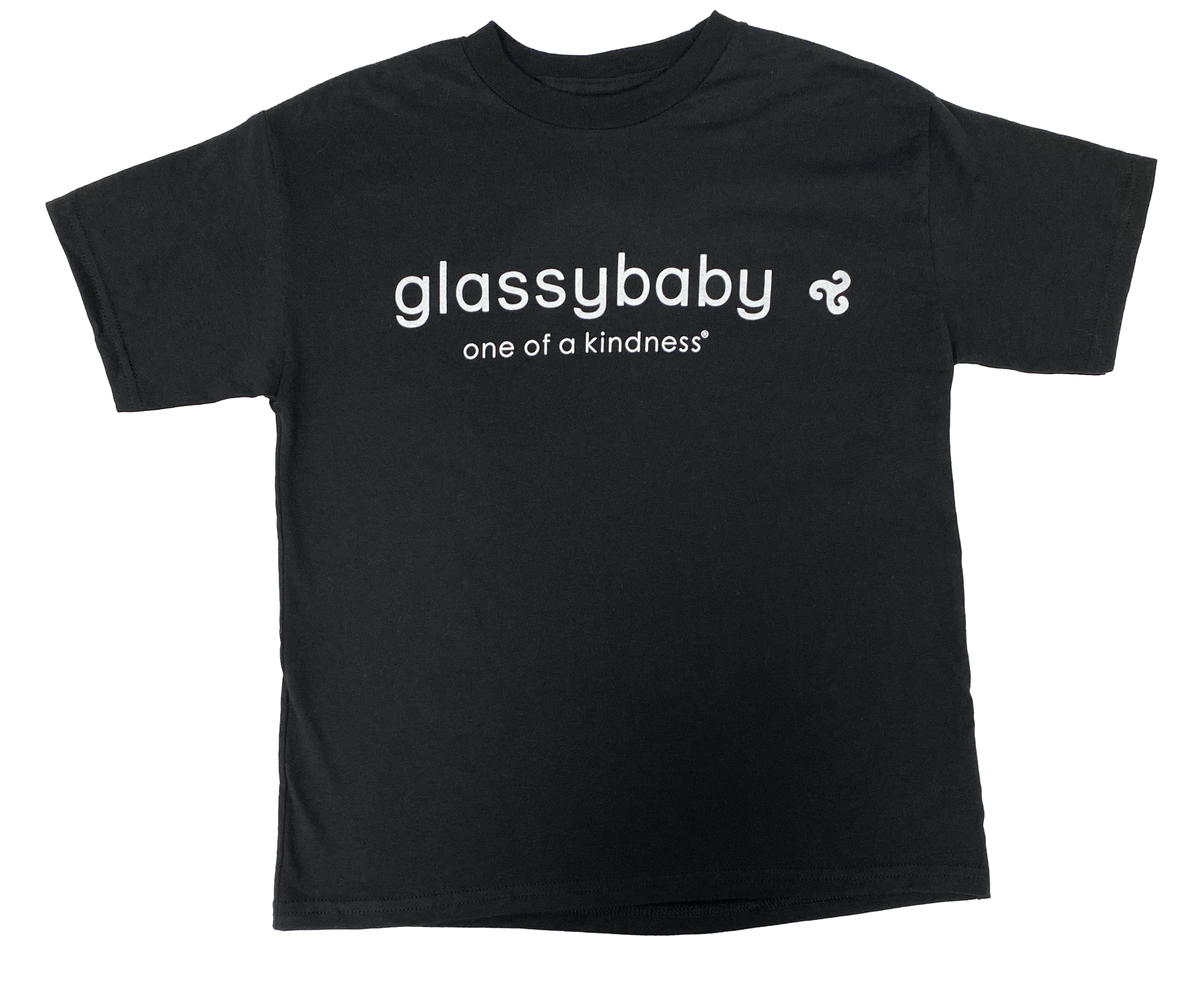 glassybaby one of a kindness in white font on a black t-shirt.