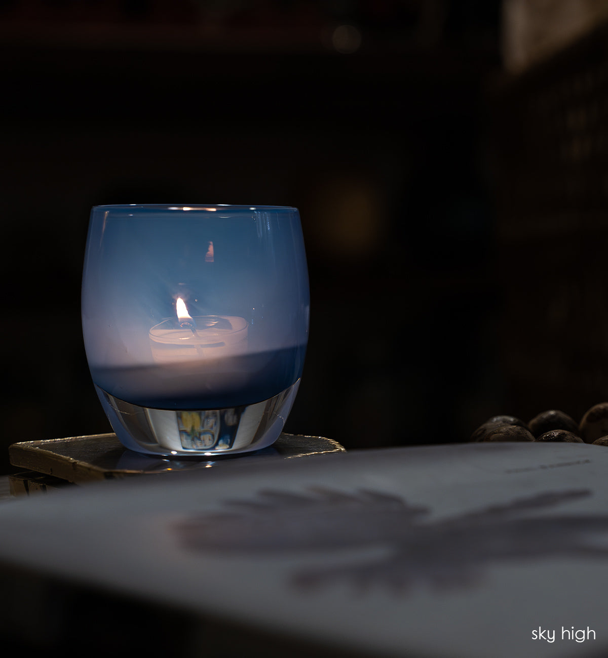 sky high blue hand-blown glass votive candle holder
