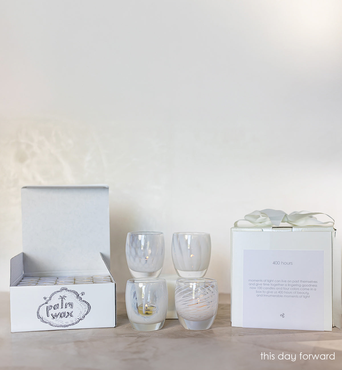 'this day forward' wedding gift set This box contains four different patterns of gentle white, as well as 100 tea light candles.