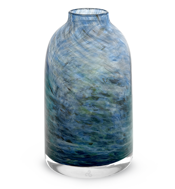 glassybaby seahawk bloomette transparent glass vase blue, green, and white swirls