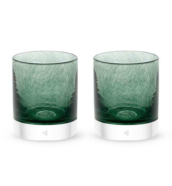 two Trout Creek rockers, dark green teal transparent hand-blown glass lowball drinking glasses. #option_pair