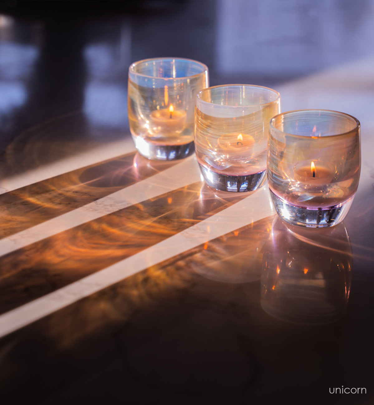unicorn, iridescent pink hand-blown glass votive candle holder.