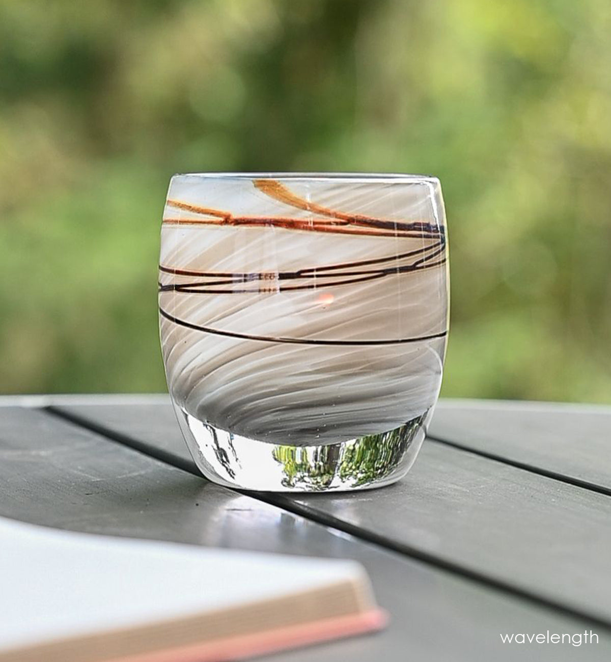 wavelength, sandy grey with metallic wrap, hand-blown glass votive candle holder