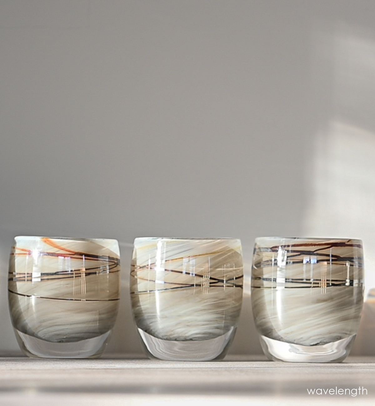 wavelength, sandy grey with metallic wrap, hand-blown glass votive candle holder