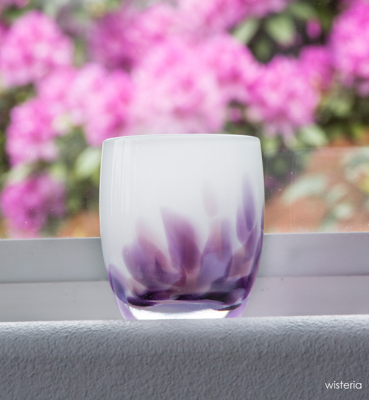 wisteria, white with purple petals emerging from the bottom, hand-blown glass votive candle holder