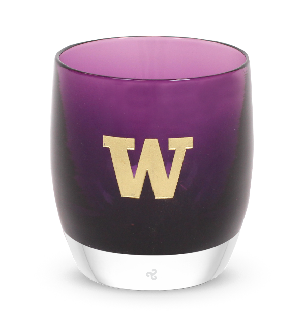 #School_Washington Washington, purple with sandblasted university of washington etching hand painted in gold, hand-blown glass votive candle holder