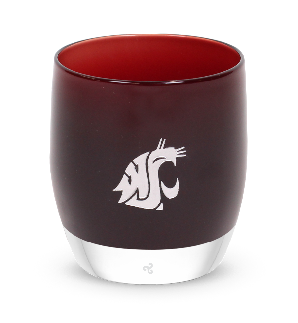 wsu, crimson with sandblasted washington state university etching hand painted in silver, hand-blown glass votive candle holder.