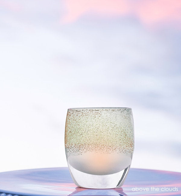 above the clouds, teal and silver, hand-blown glass votive candle holder