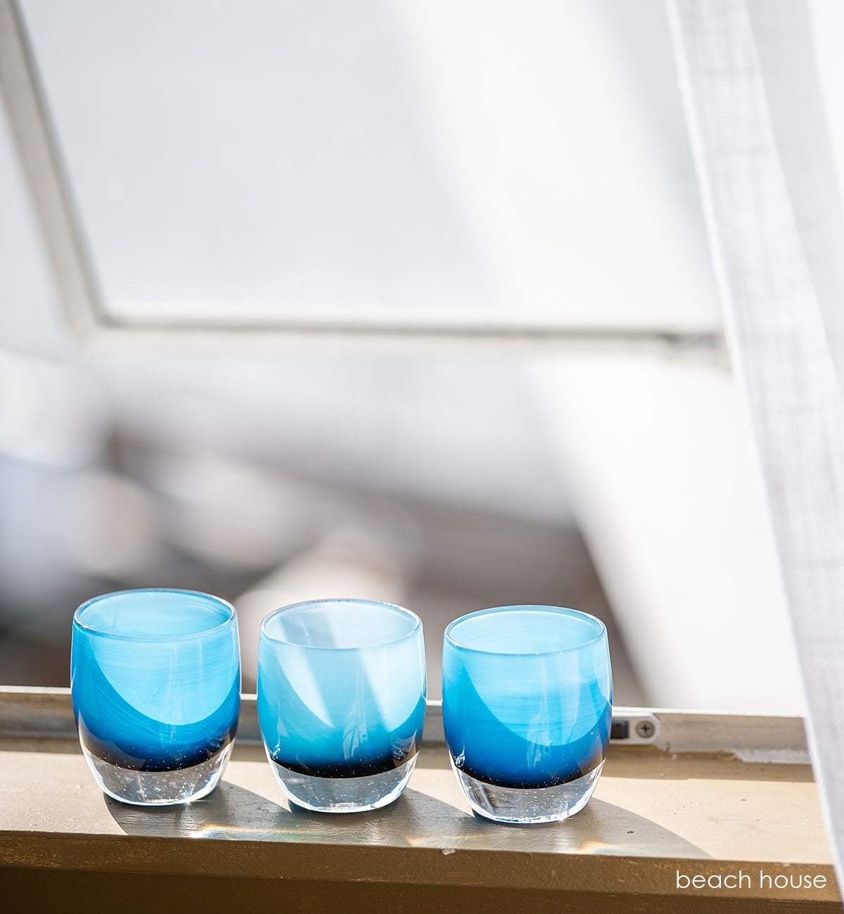 beach house gradient blue, hand-blown glass votive candle holder.