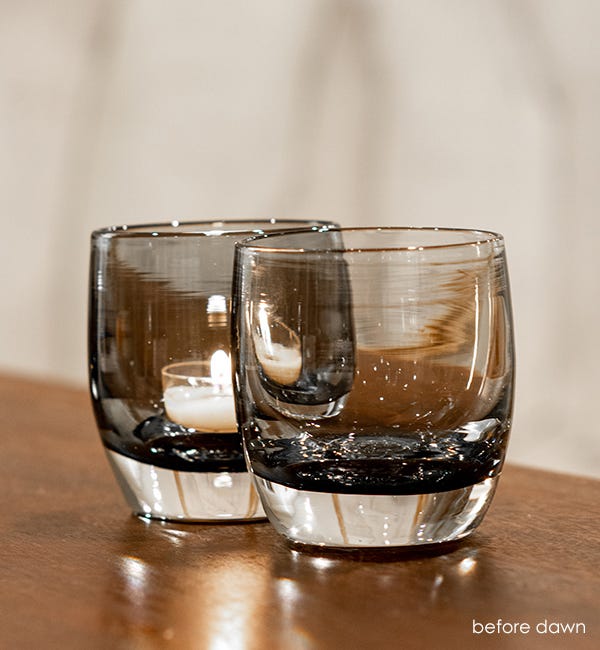 before dawn, black transparent, hand-blown glass votive candle holder.