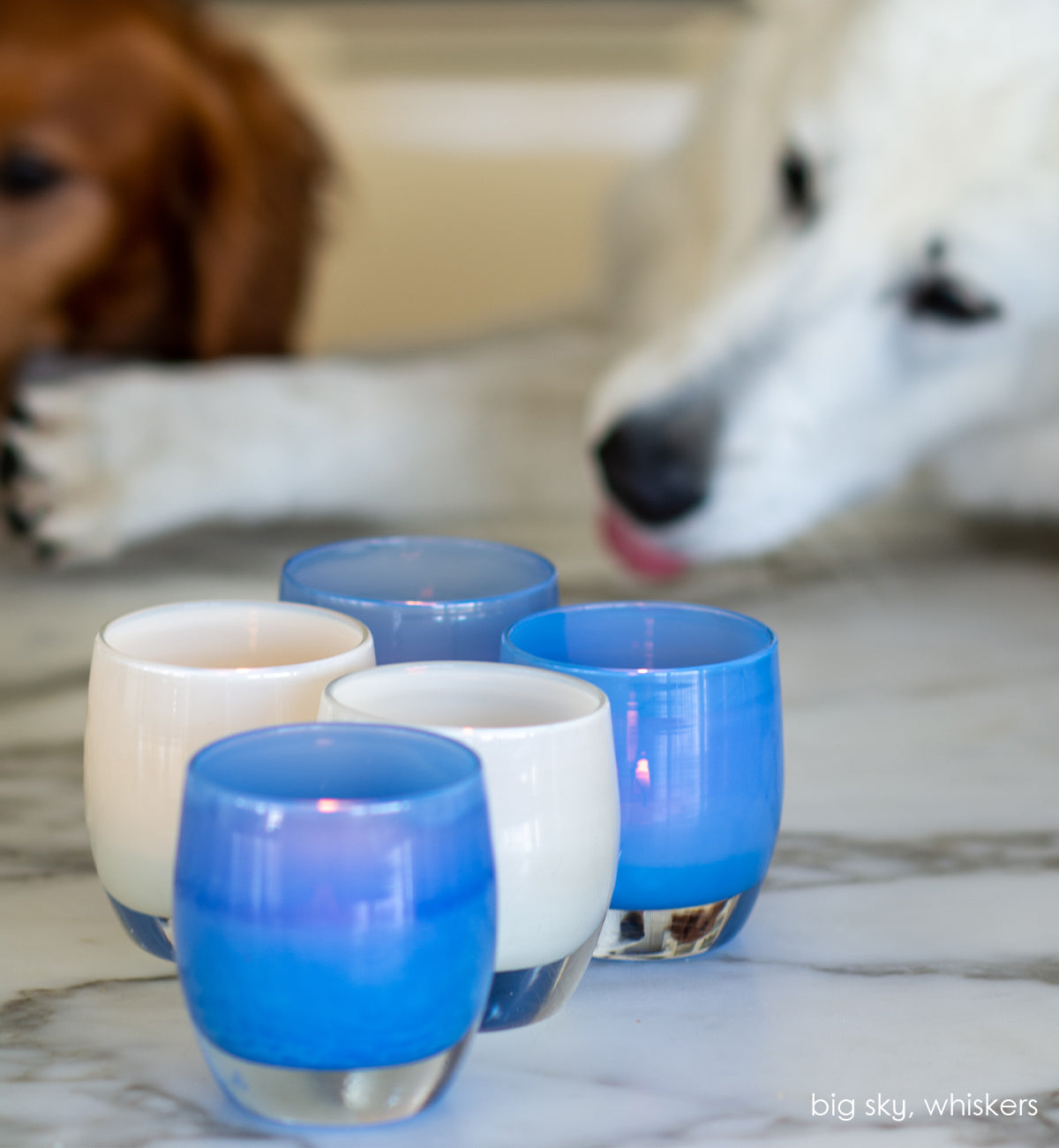 big sky, opaque sky blue, hand-blown glass votive candle holders with whiskers and dogs in background.