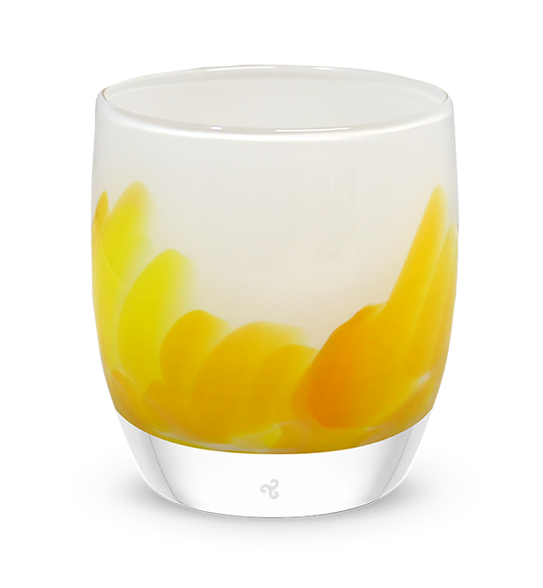 buttercup, yellow petals on white, hand-blown glass votive candle holders.