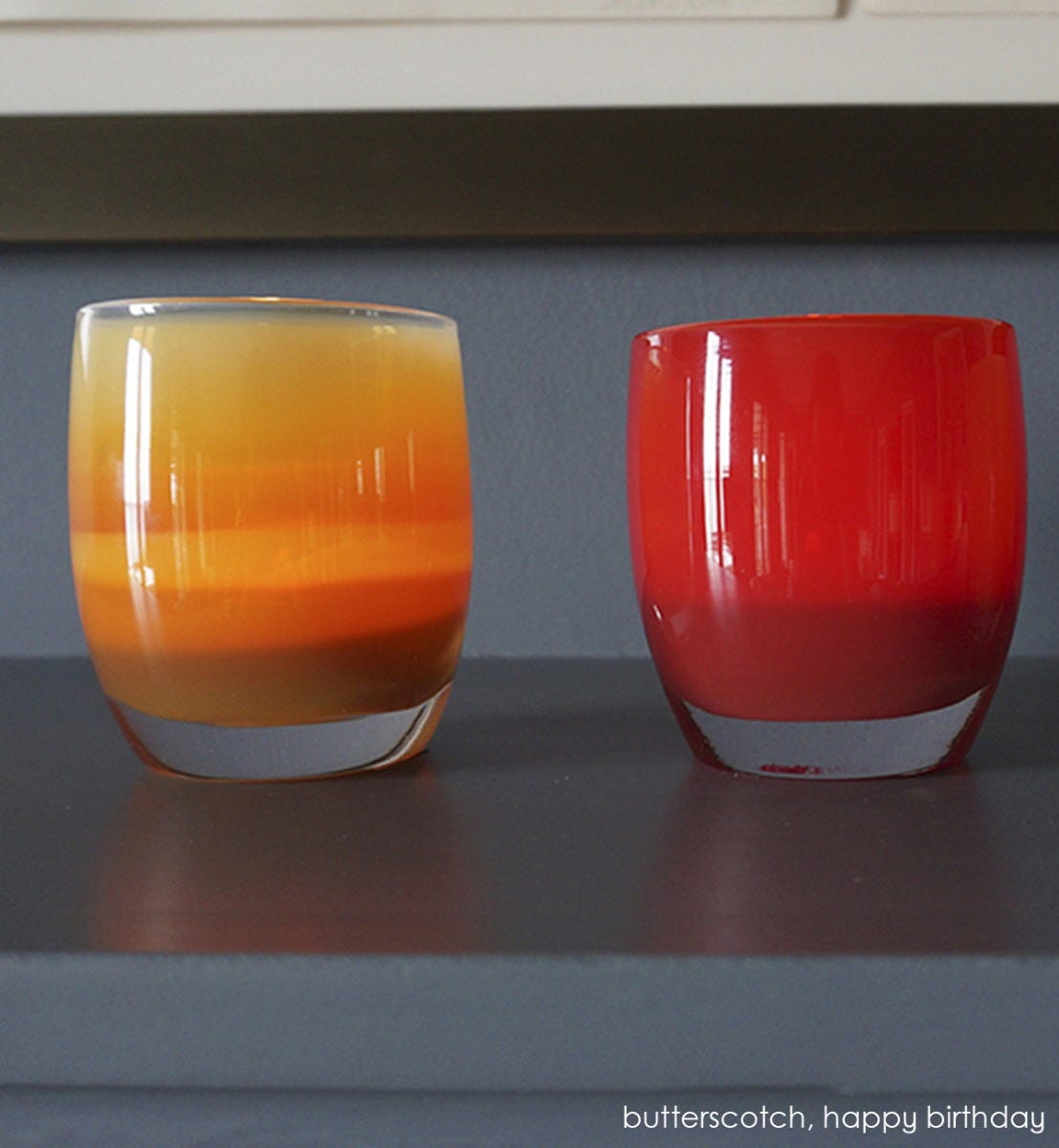 butterscotch hand-blown glass votive candle holder. Paired with happy birthday.