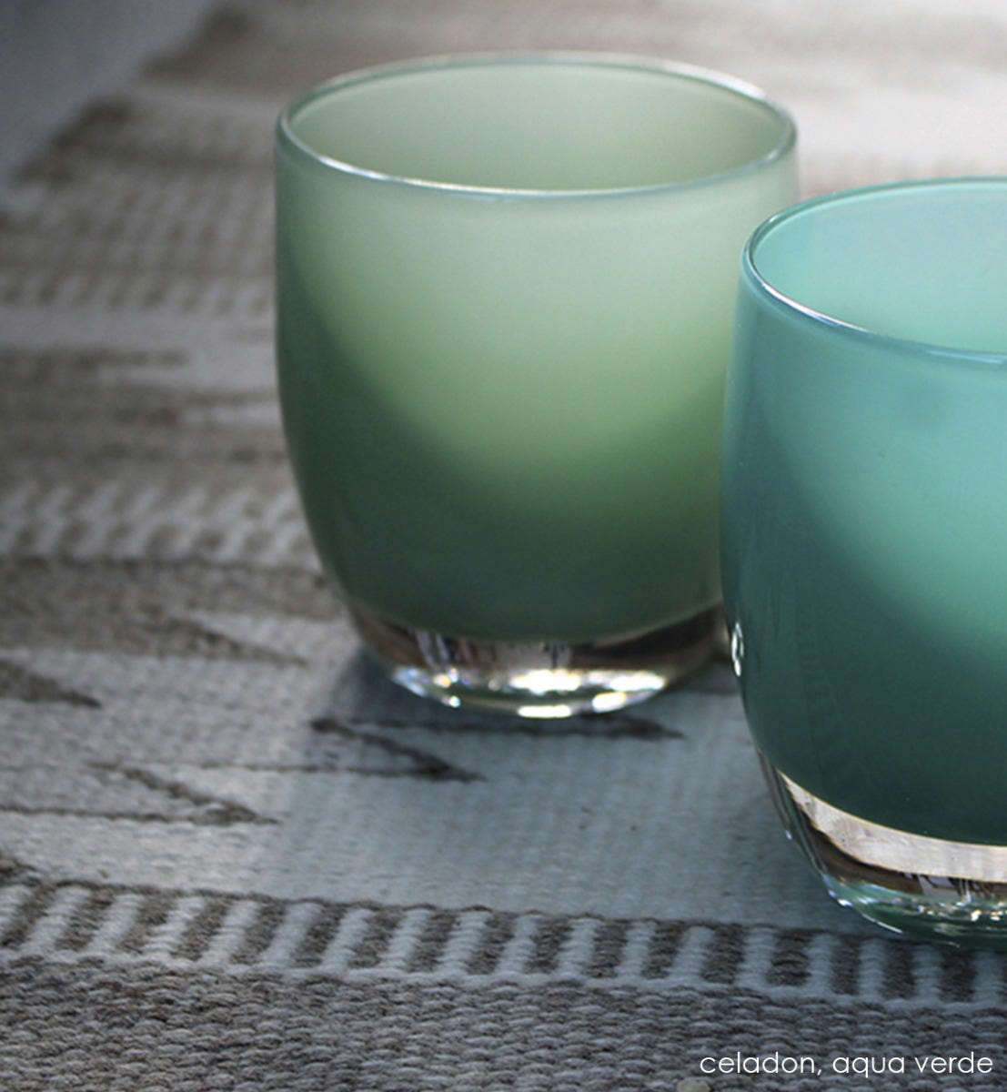 celadon wedgewood gray hand-blown glass votive candle holder. Paired with aqua verde.