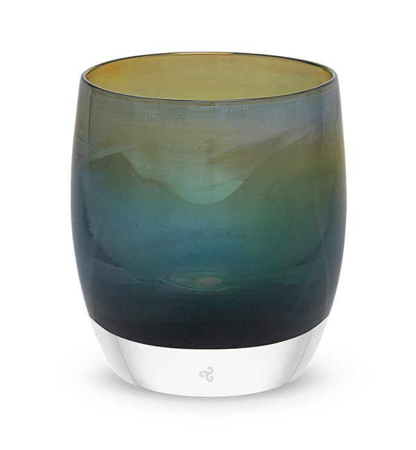 chesapeake dark green with touch of yellow hand-blown glass votive candle holder.