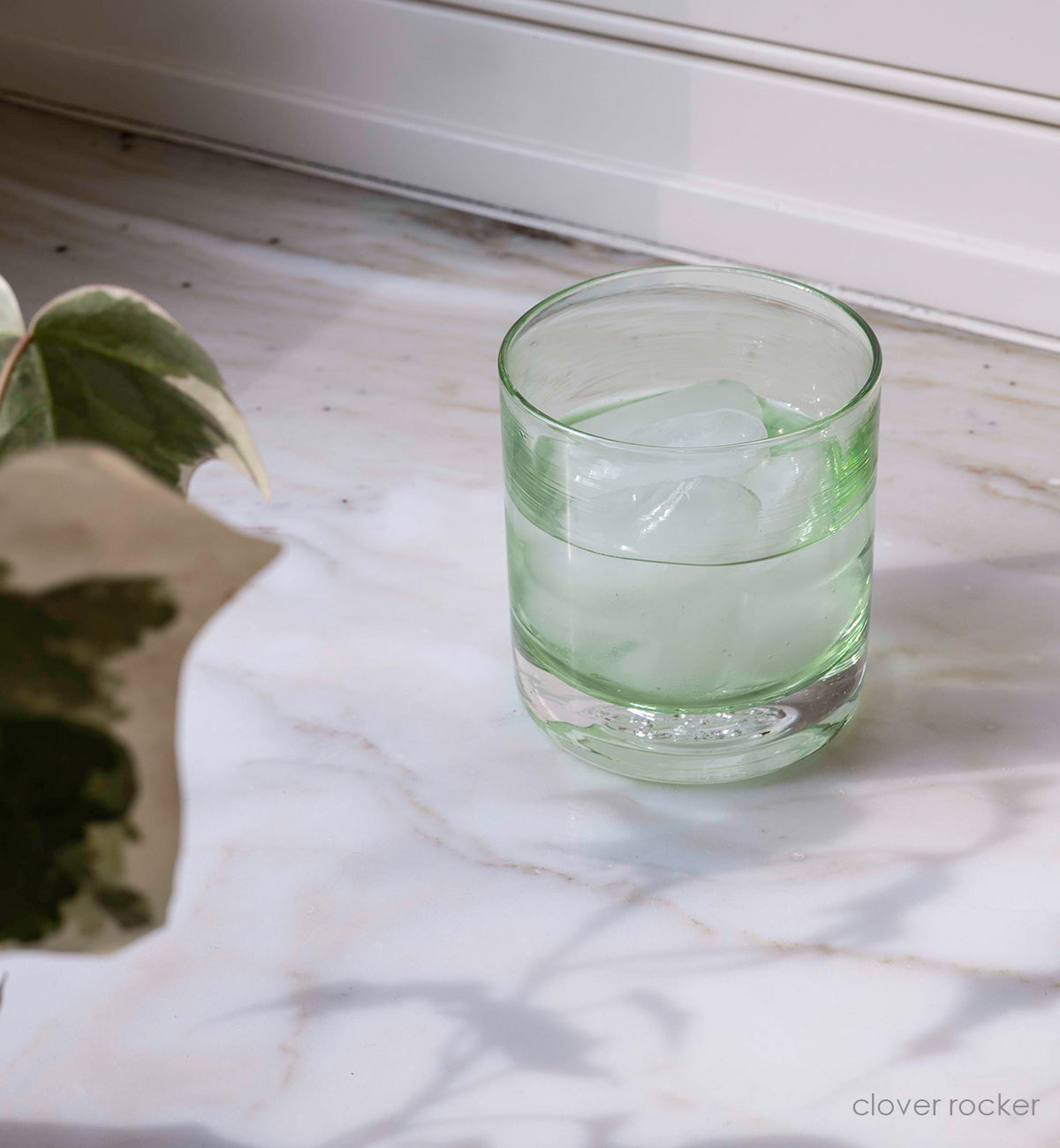 clover rocker light green transparent, hand-blown glass lowball drinking glass