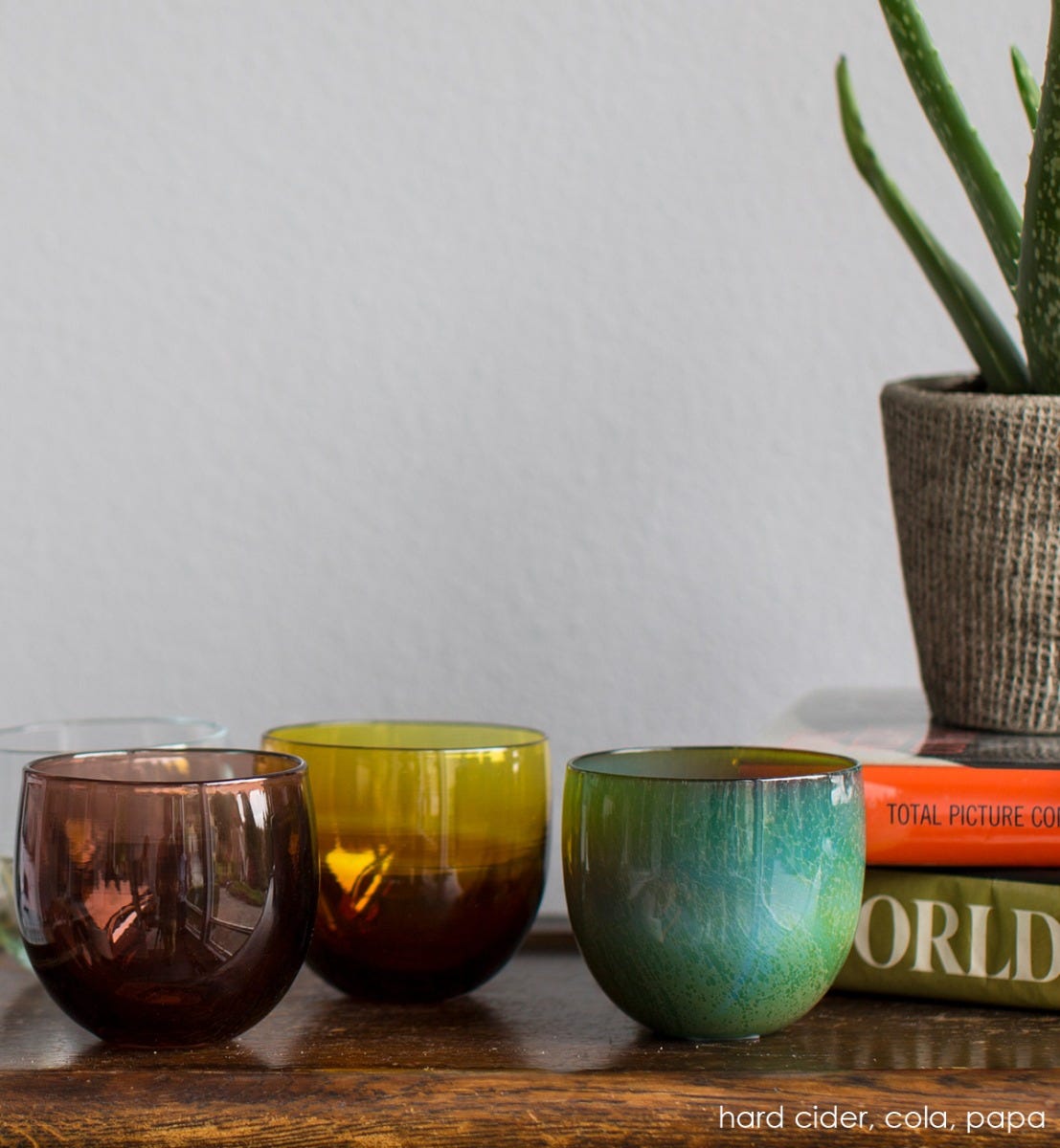 cola drinker, amber translucent, hand-blown drinking glass, paired with card cider drinker, and papa drinker