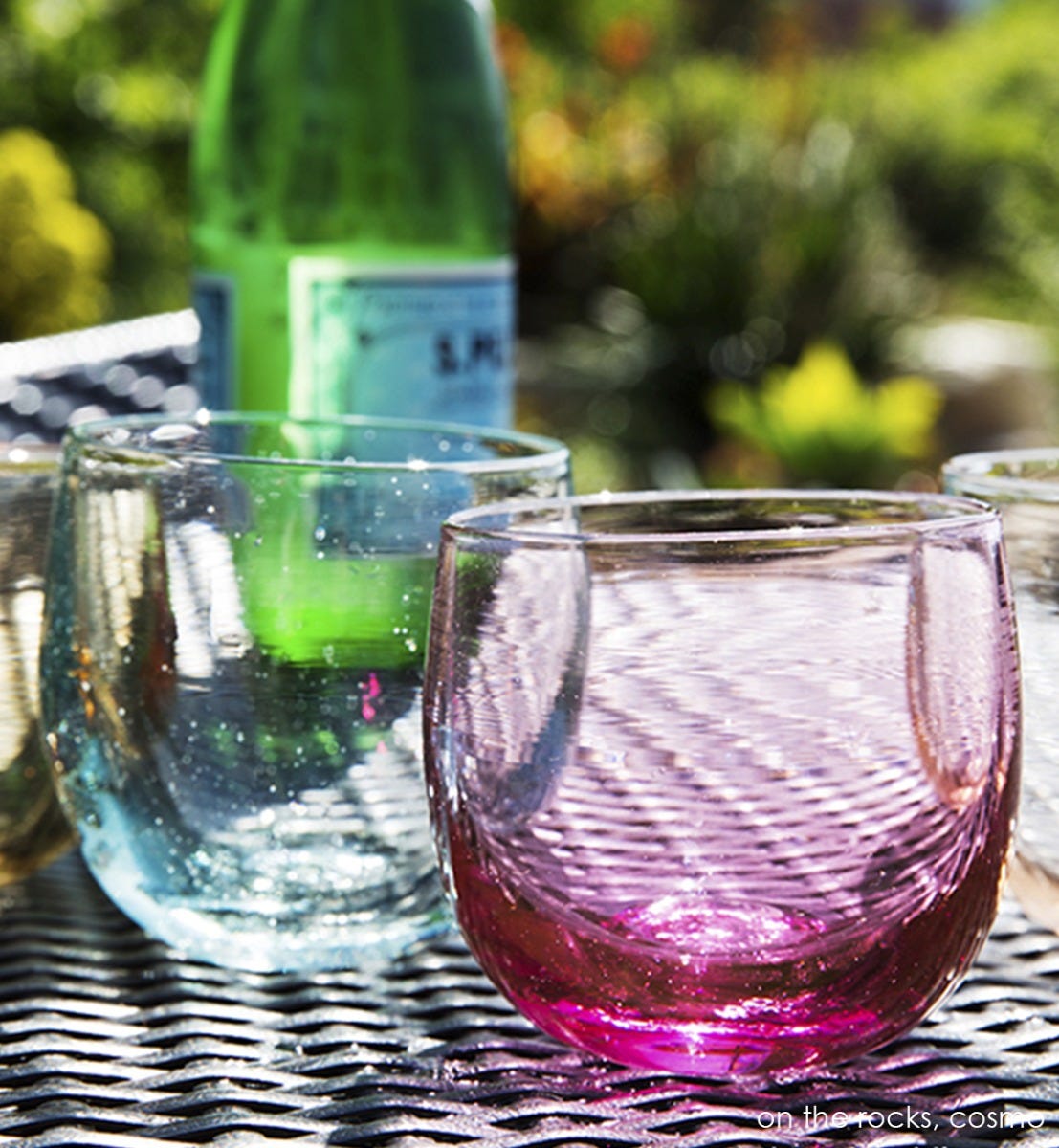 cosmo drinker, transparent pink, hand-blown drinking glass. Paired with on the rocks drinker.