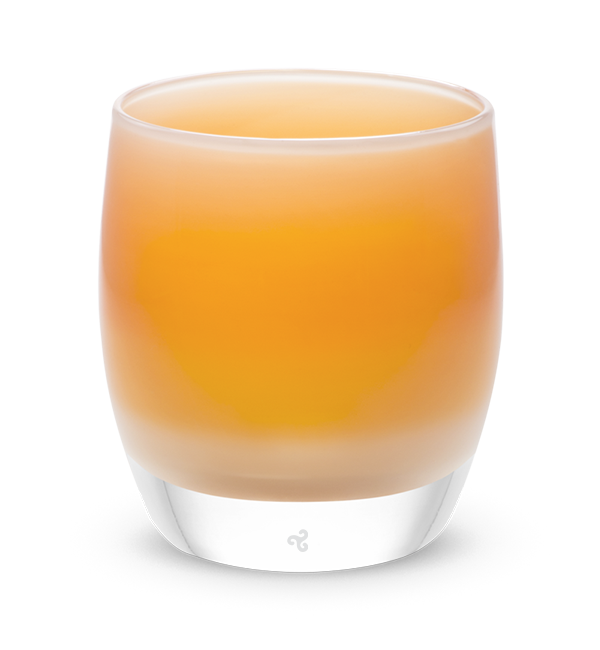 cozy, stripey apricot orange hand-blown glass votive candle holder.